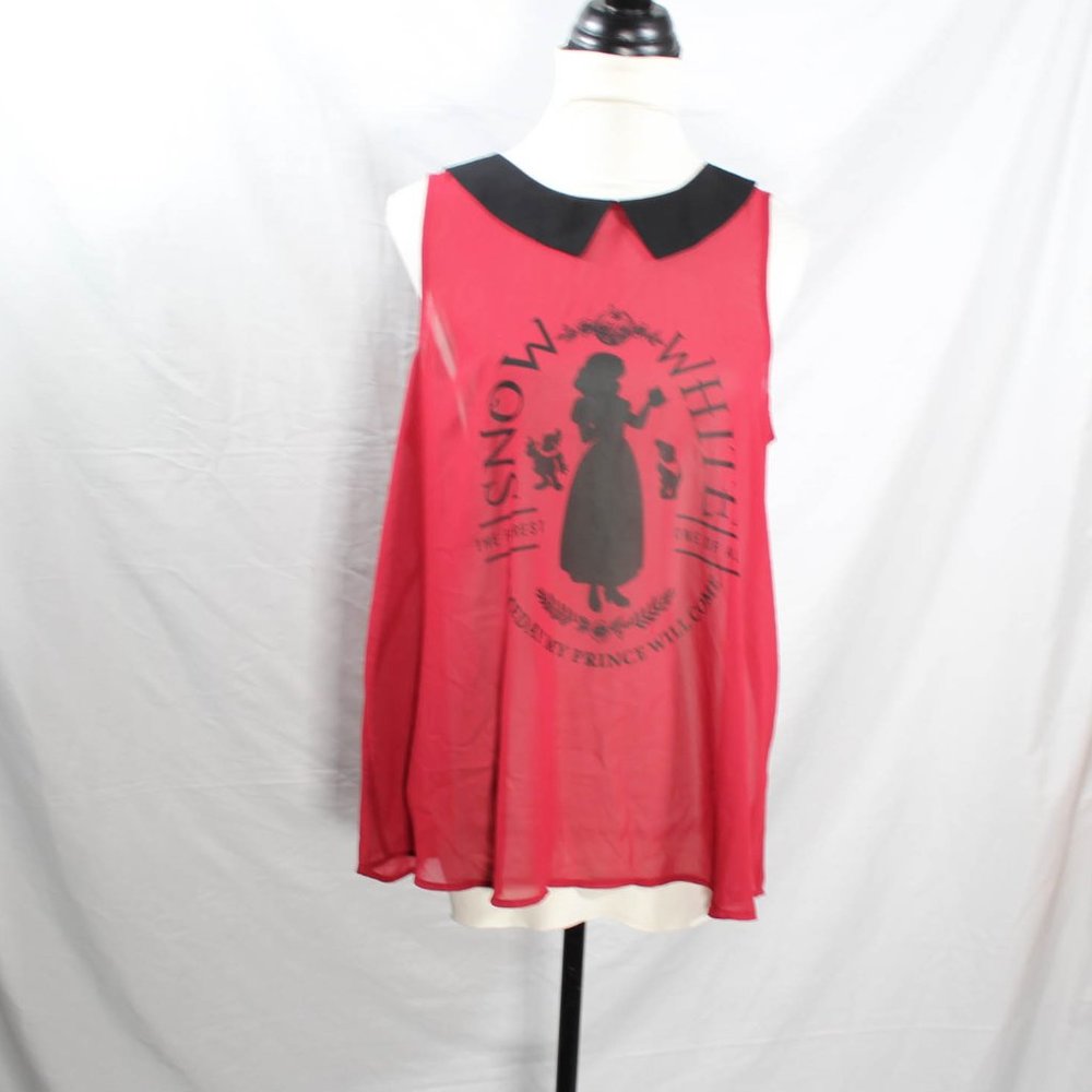 Disney Princess Snow White Burgundy Chiffon Sheer Top Black Peter Pan Collar